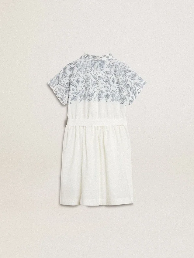 Girls’ shirt dress in white cotton canvas with a blue nautical print and white piping