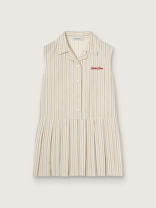 Girls’ striped sleeveless shirt dress in ecru, beige and gray