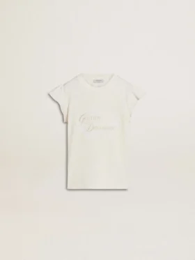 Girls' T-shirt with ruffled sleeves with lettering and embroidery
