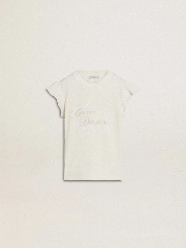 Girls' T-shirt with ruffled sleeves with lettering and embroidery