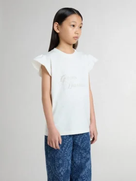 Girls’ T-shirt with ruffled sleeves with lettering and embroidery