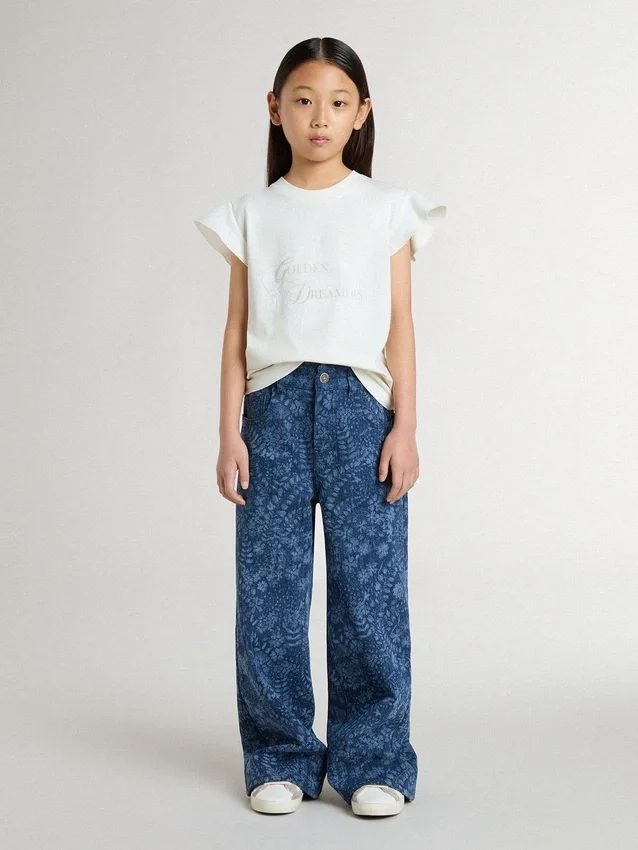 Girls' T-shirt with ruffled sleeves with lettering and embroidery