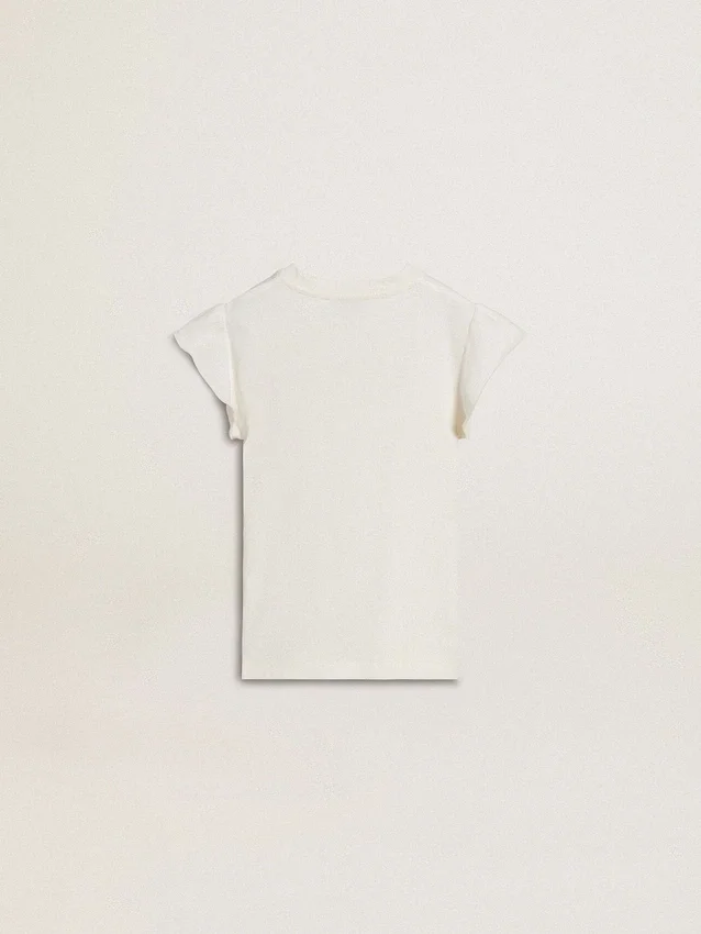 Girls' T-shirt with ruffled sleeves with lettering and embroidery