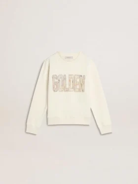 Girls' white sweatshirt with multicolor Golden writing on the front