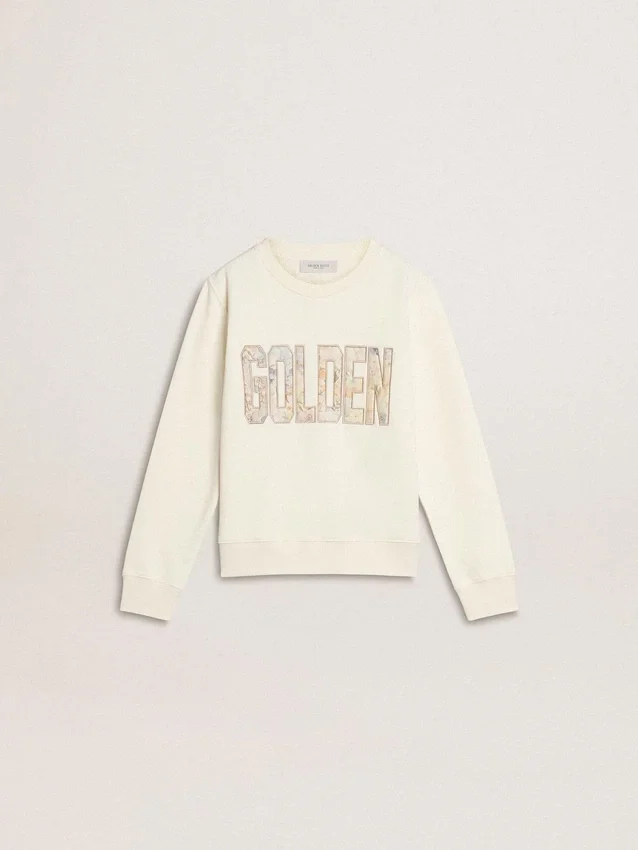 Girls' white sweatshirt with multicolor Golden writing on the front