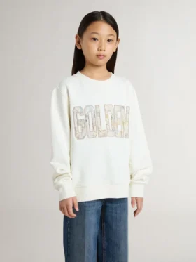 Girls’ white sweatshirt with multicolor Golden writing on the front