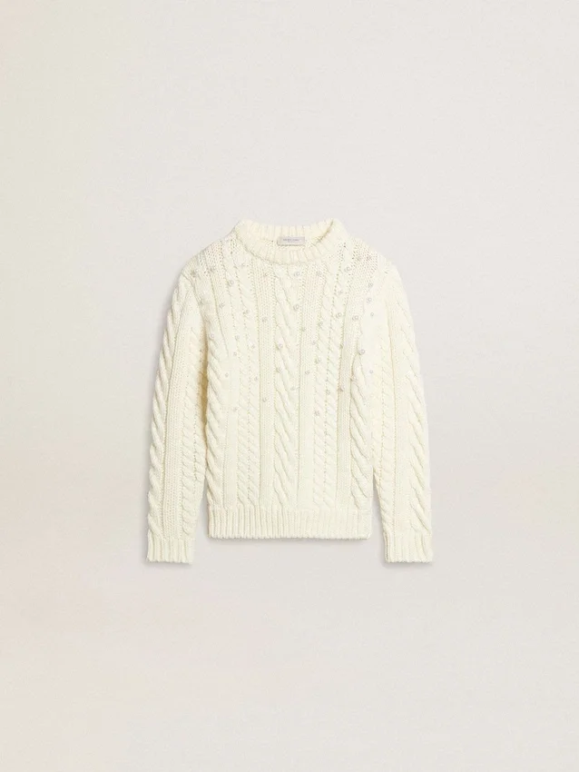 Girls' white wool sweater with pearls
