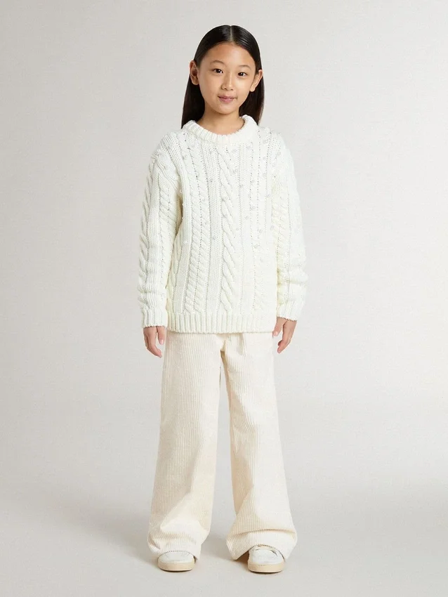 Girls' white wool sweater with pearls