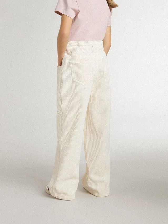 Girls’ wide ribbed cream-colored trousers with embroidery