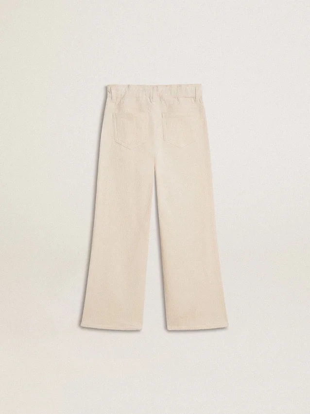Girls’ wide ribbed cream-colored trousers with embroidery