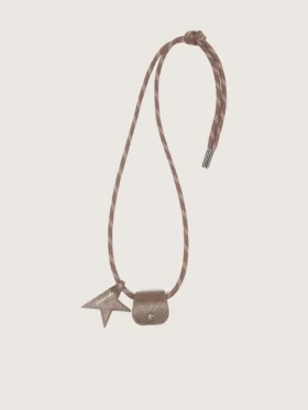 Glasses holder with beige leather hiking lace, floral clip and star clip