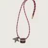 Glasses holder with burgundy and white striped leather hiking lace and two floral clips