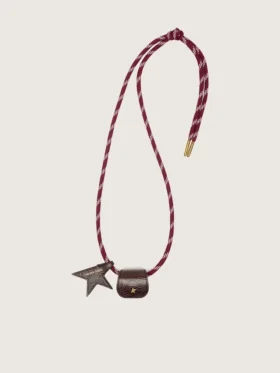 Glasses holder with burgundy and white striped leather hiking lace and two floral clips