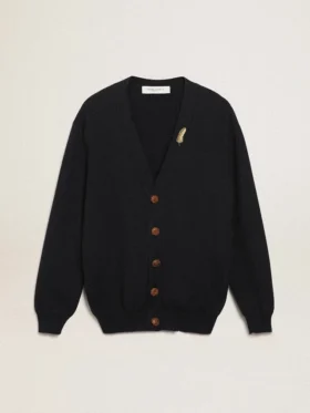 Golden Collection cardigan in dark blue cotton with a distressed finish