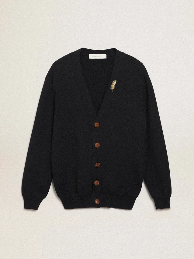 Golden Collection cardigan in dark blue cotton with a distressed finish