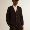 Golden Collection cardigan in dark blue cotton with a distressed finish