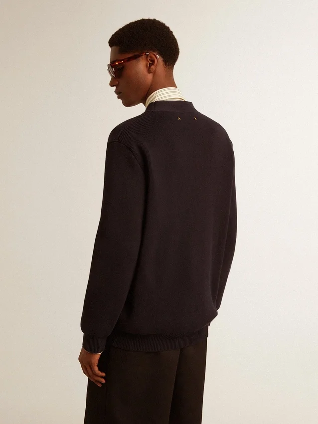Golden Collection cardigan in dark blue cotton with a distressed finish