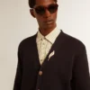 Golden Collection cardigan in dark blue cotton with a distressed finish