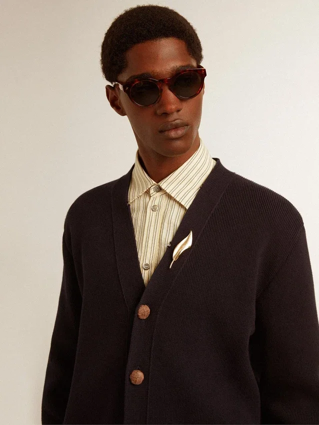 Golden Collection cardigan in dark blue cotton with a distressed finish