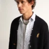 Golden Collection cardigan in dark blue cotton with a distressed finish