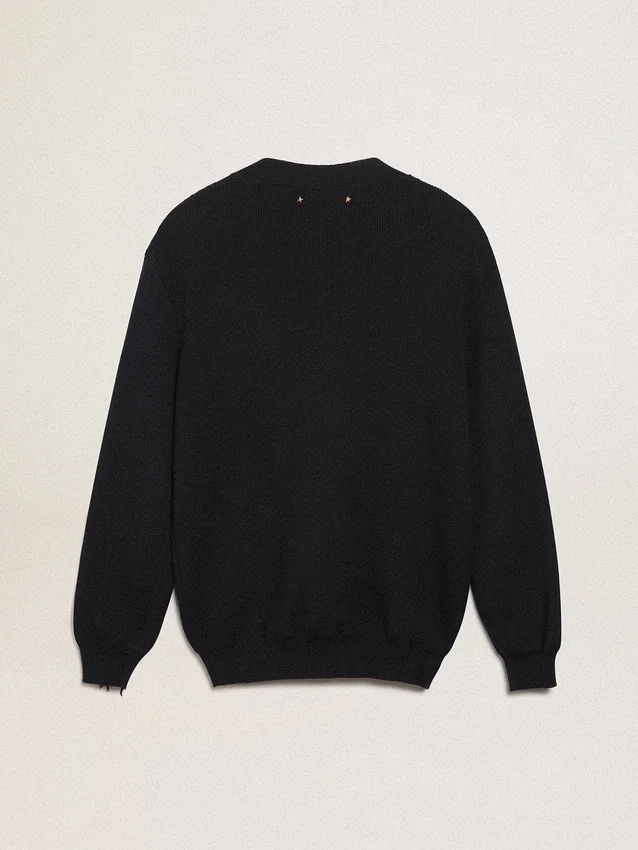 Golden Collection cardigan in dark blue cotton with a distressed finish