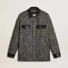 Gray herringbone jacket with black leather details