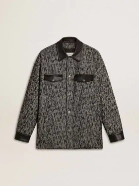 Gray herringbone jacket with black leather details