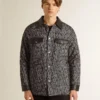 Gray herringbone jacket with black leather details