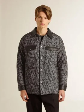 Gray herringbone jacket with black leather details