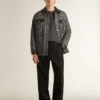 Gray herringbone jacket with black leather details