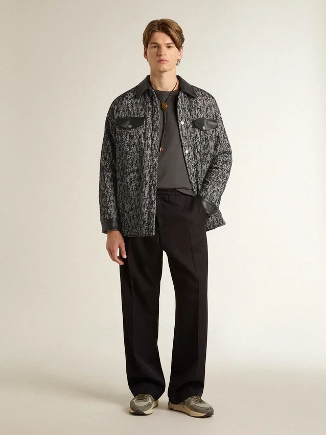 Gray herringbone jacket with black leather details
