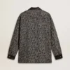 Gray herringbone jacket with black leather details