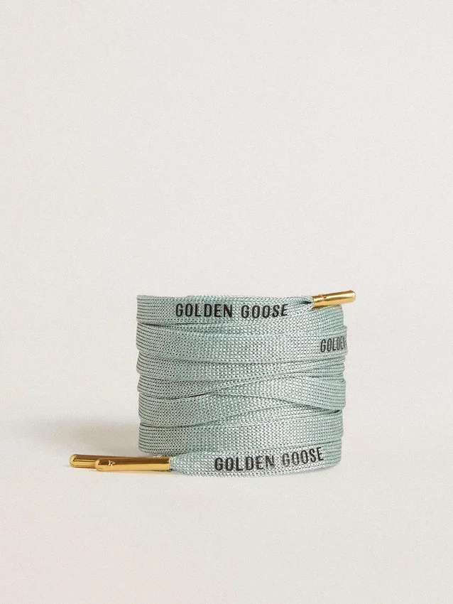 Gray Lurex laces with contrasting black logo