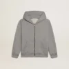 Gray melange hooded sweatshirt with print on the back