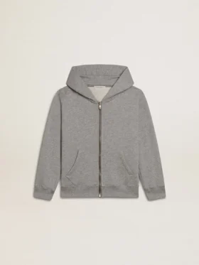 Gray melange hooded sweatshirt with print on the back