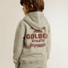 Gray melange hooded sweatshirt with print on the back