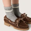 Gray socks with turn-up and burgundy and cream details