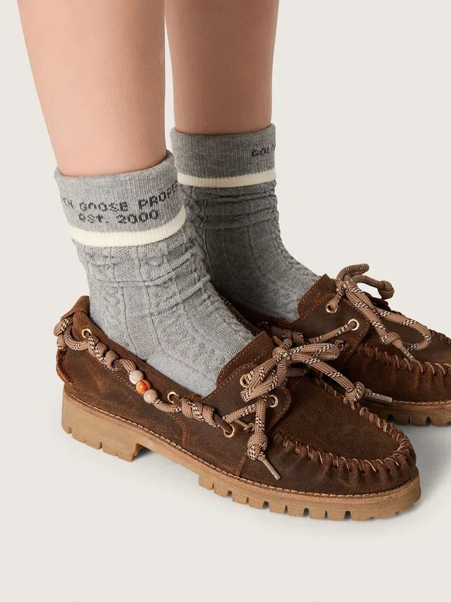Gray socks with turn-up and burgundy and cream details