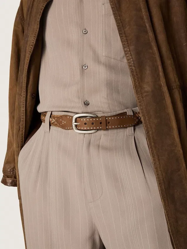 Houston belt in khaki woven leather with silver studs