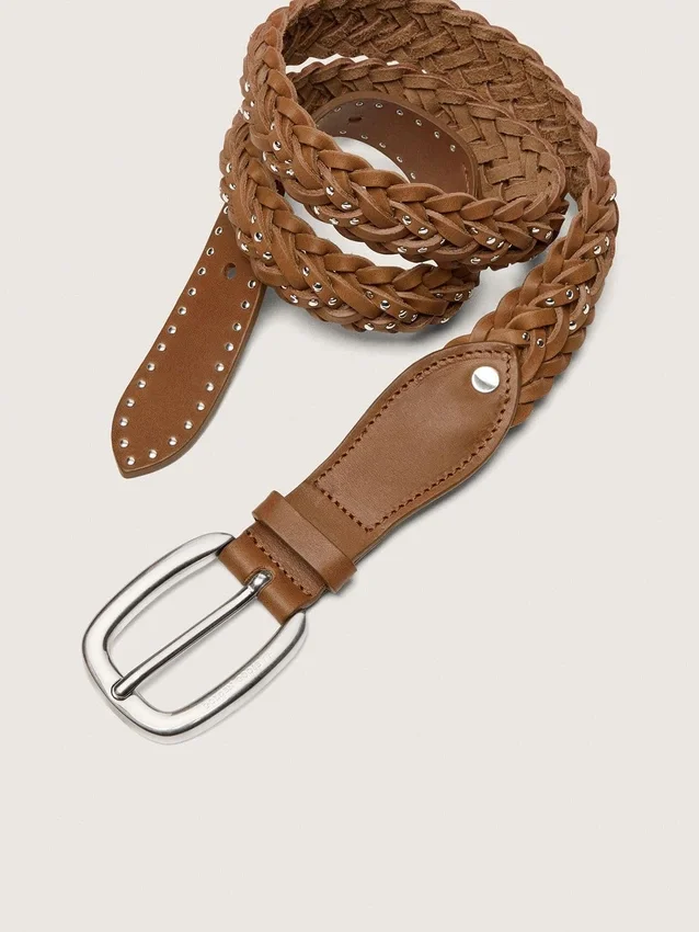 Houston belt in khaki woven leather with silver studs