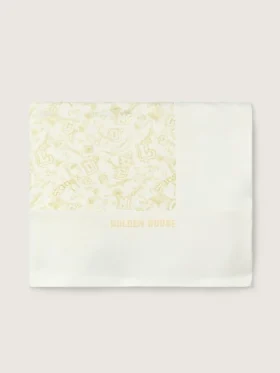 Journey Baby blanket in white cotton fleece with peach-pink mascot print