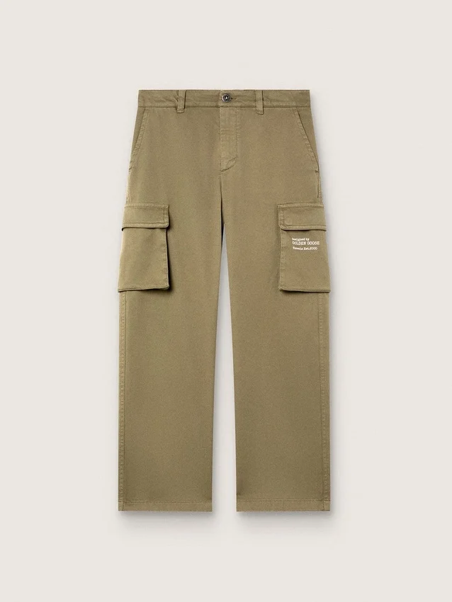 Journey boys’ cargo pants in military-green cotton gabardine with print
