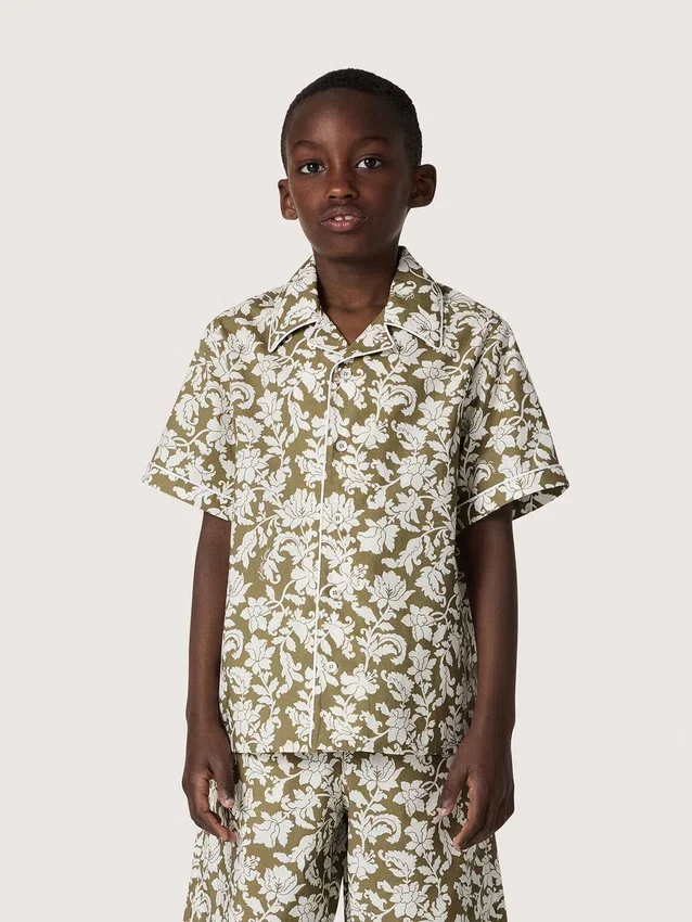 Journey boys’ shirt in cotton canvas with a green and white floral print