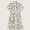Journey girls’ dress in white cotton canvas with green floral print
