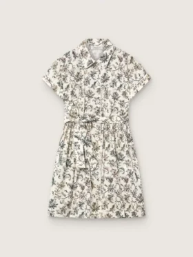 Journey girls’ dress in white cotton canvas with green floral print