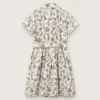 Journey girls’ dress in white cotton canvas with green floral print