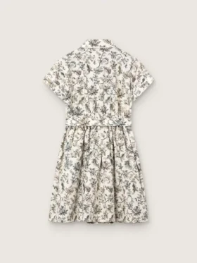 Journey girls’ dress in white cotton canvas with green floral print