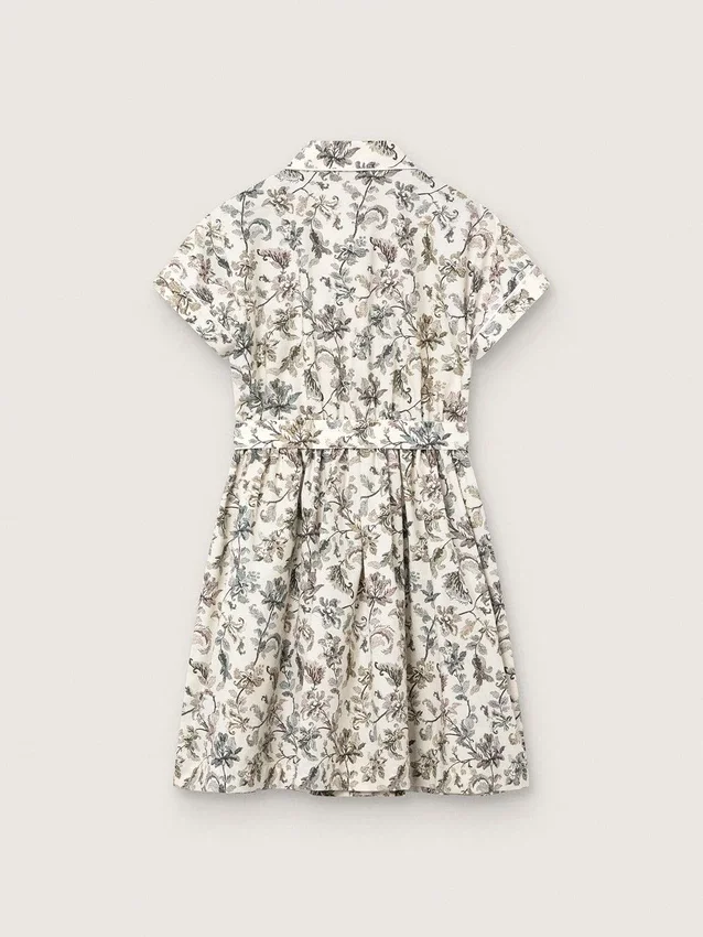 Journey girls’ dress in white cotton canvas with green floral print