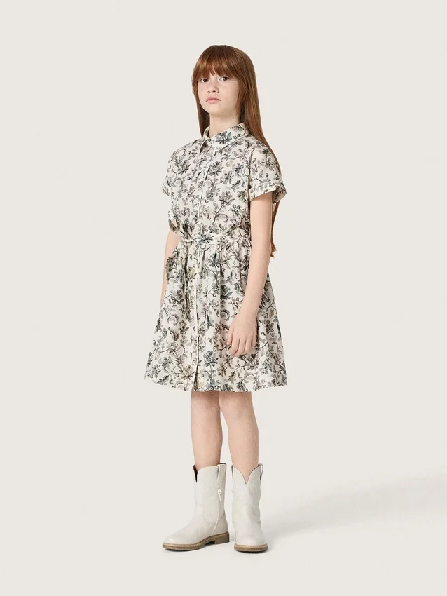 Journey girls’ dress in white cotton canvas with green floral print