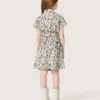 Journey girls’ dress in white cotton canvas with green floral print